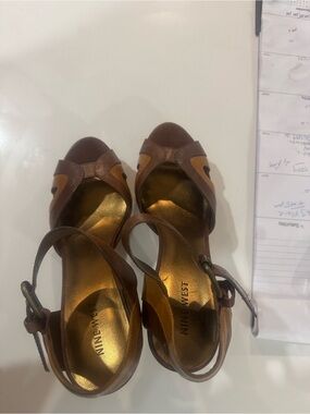 Nine West Brown Leather Peep-Toe Slingback Heels with Tan Accents